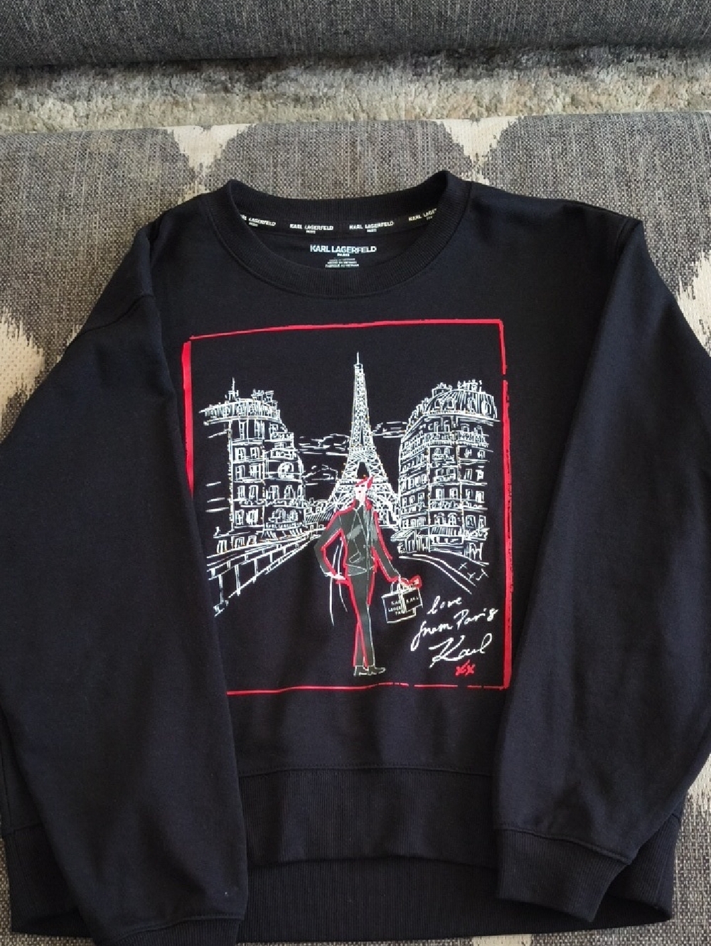 Karl Lagerfeld Black Crewneck Sweater with Red & White Paris Graphic